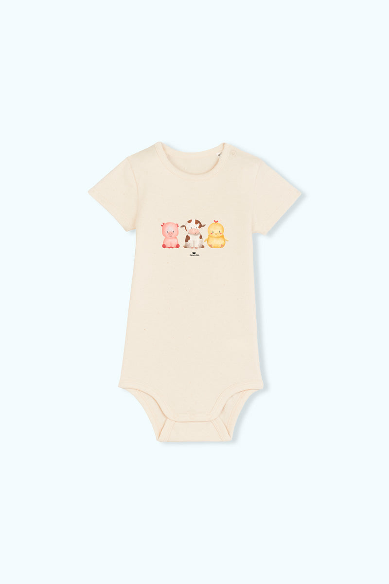 Beige baby body illustration av en liten gris, ko och kyckling och Djurens Rätts logga