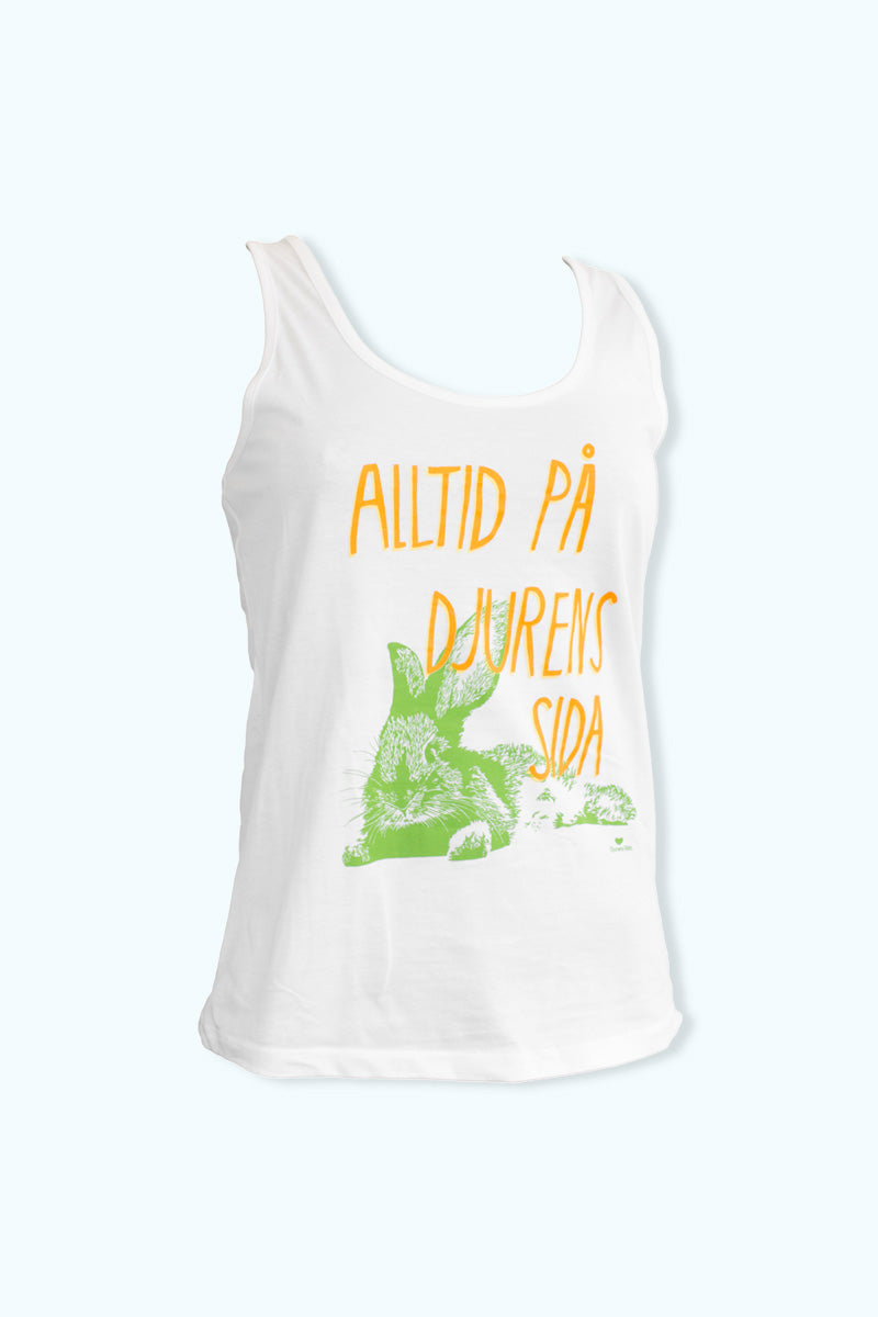 Vitt linne med illustration av en kanin och texten "Alltid på djurens sida" och Djurens Rätts logga