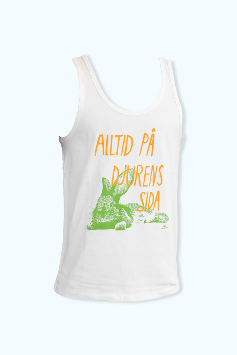 Vitt linne med illustration av en kanin och texten "Alltid på djurens sida" och Djurens Rätts logga