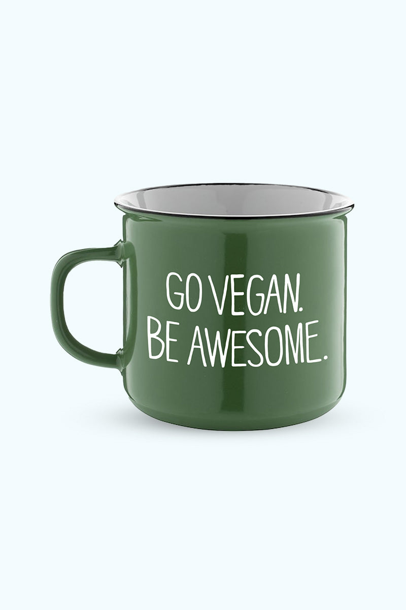 Grön mugg med texten "Go vegan be awesome"