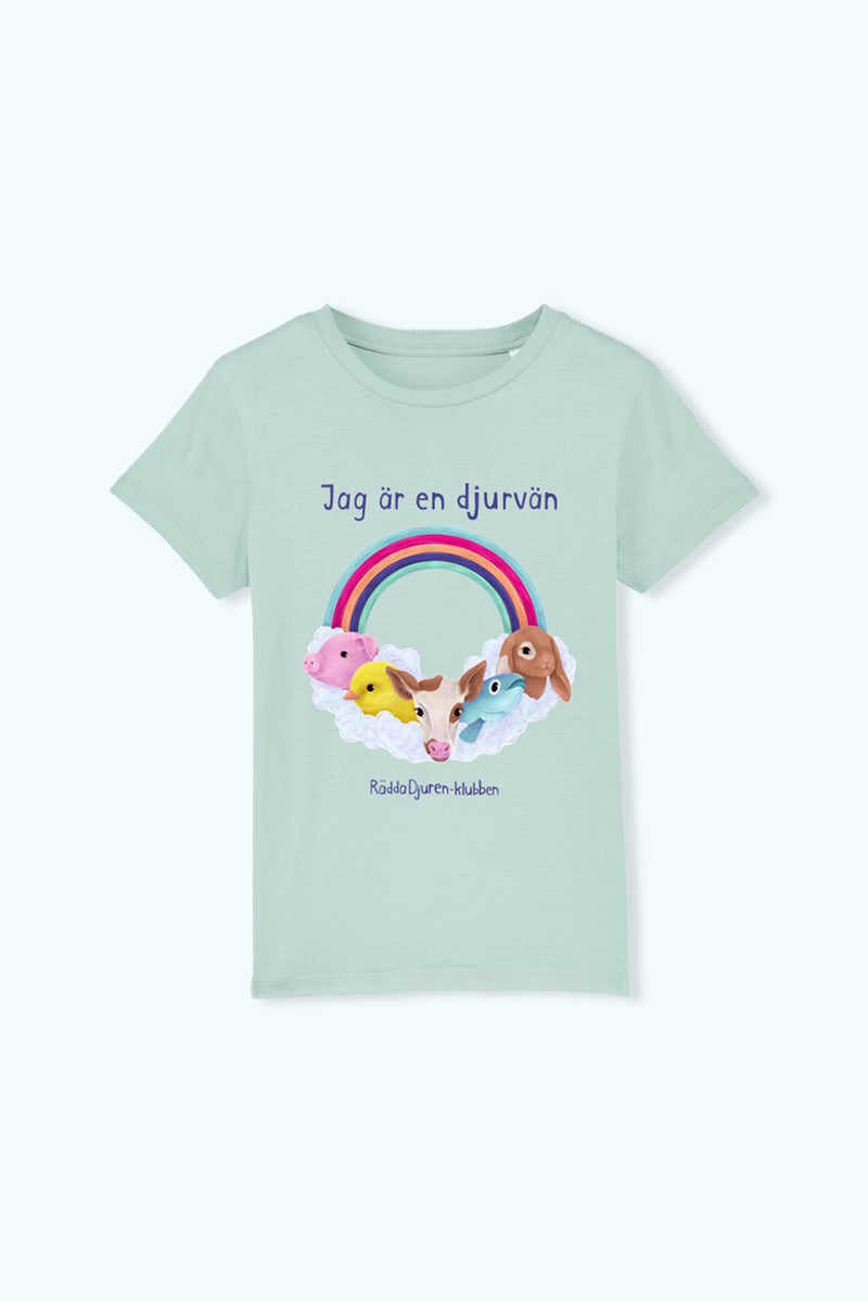 Ljusgrön barntröja med illustration av olika små djur med en regnbåge och texten Jag är en djurvän