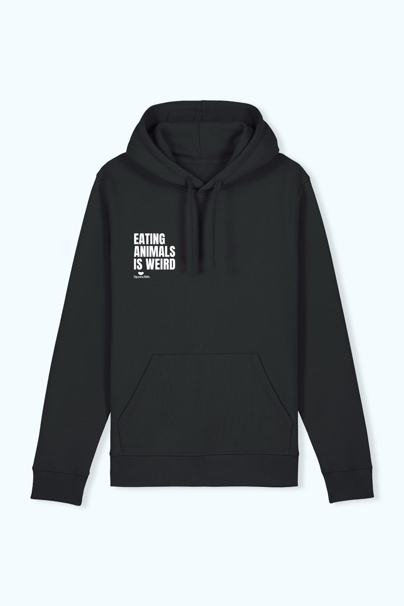 Svart hoodie med texten ”Eating animal is weird” på bröstet och Djurens Rätts logga