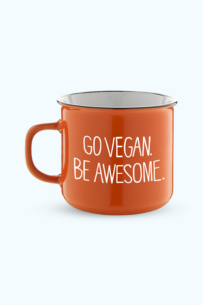 Orange mugg med texten "Go vegan be awesome"